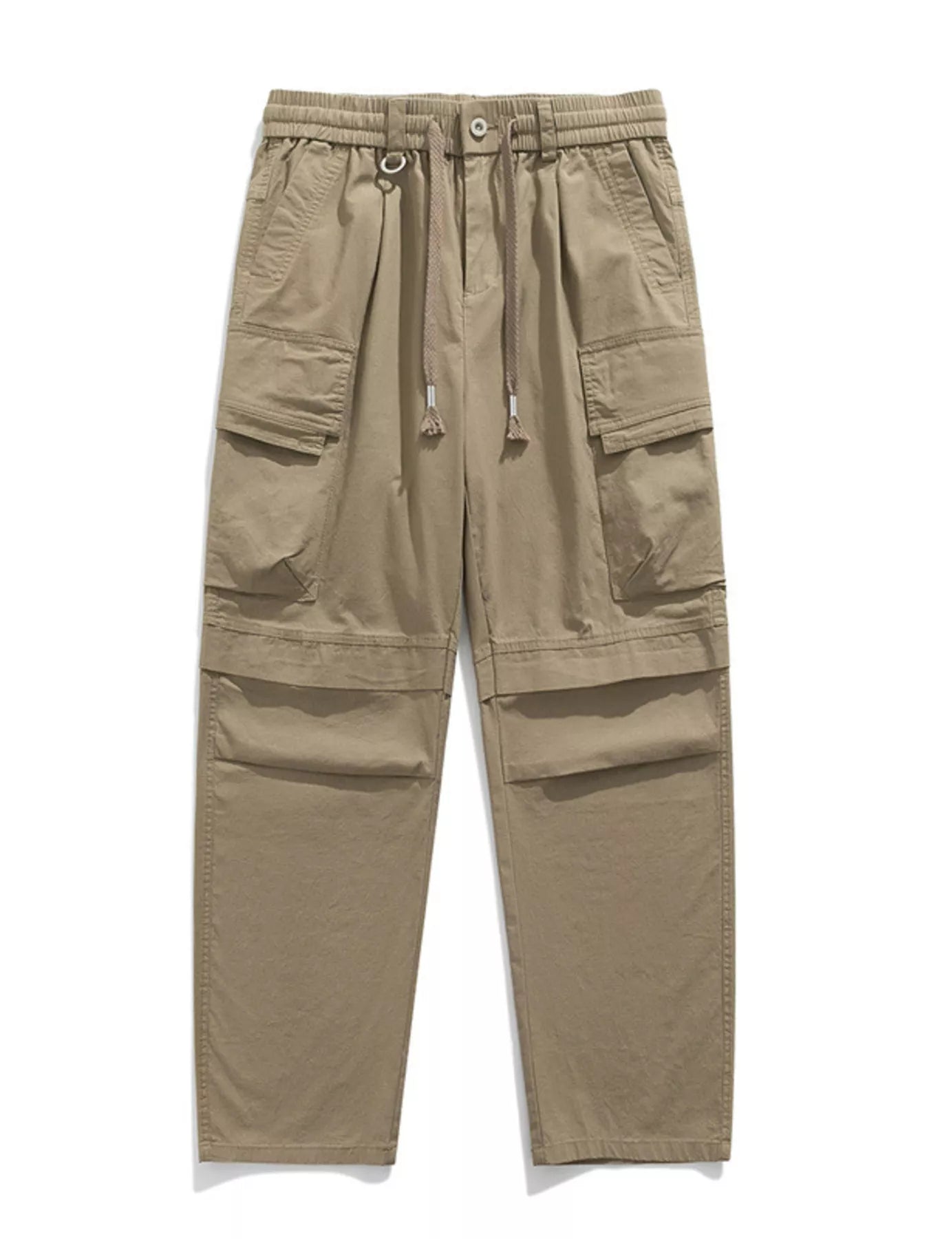 Men's relaxed fit cargo pants with a drawstring waist and pockets.
