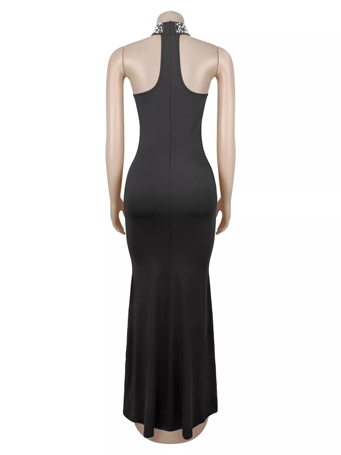 Back view of black sleeveless maxi dress on mannequin with halter strap and back zip