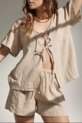 Plaid Tied Scoop Neck Short Sleeve Top and Drawstring Shorts Set