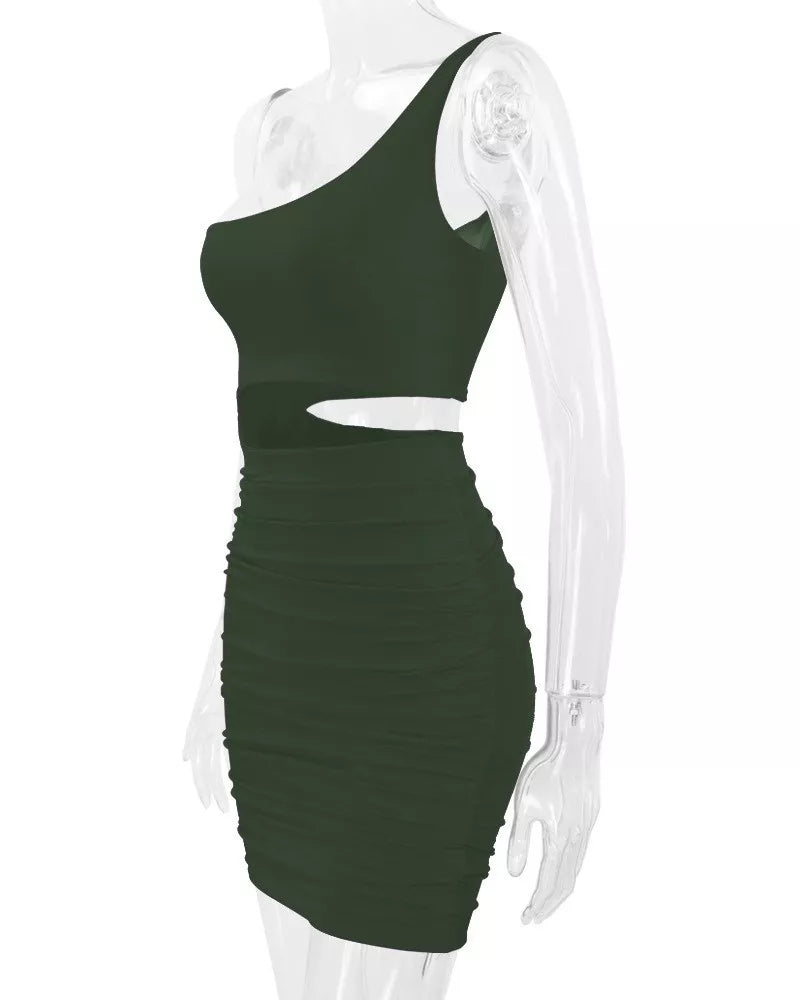 Army green one shoulder cutout ruched bodycon mini dress on a clear mannequin side view