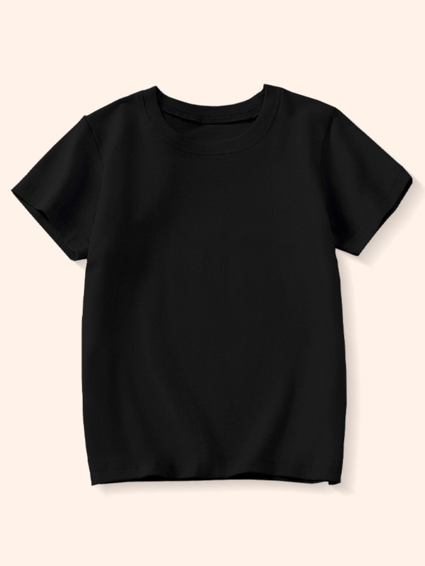 Plain black children's crew neck T-shirt shown from the front on a pale background