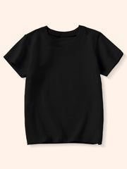 Plain black children's crew neck T-shirt shown from the front on a pale background