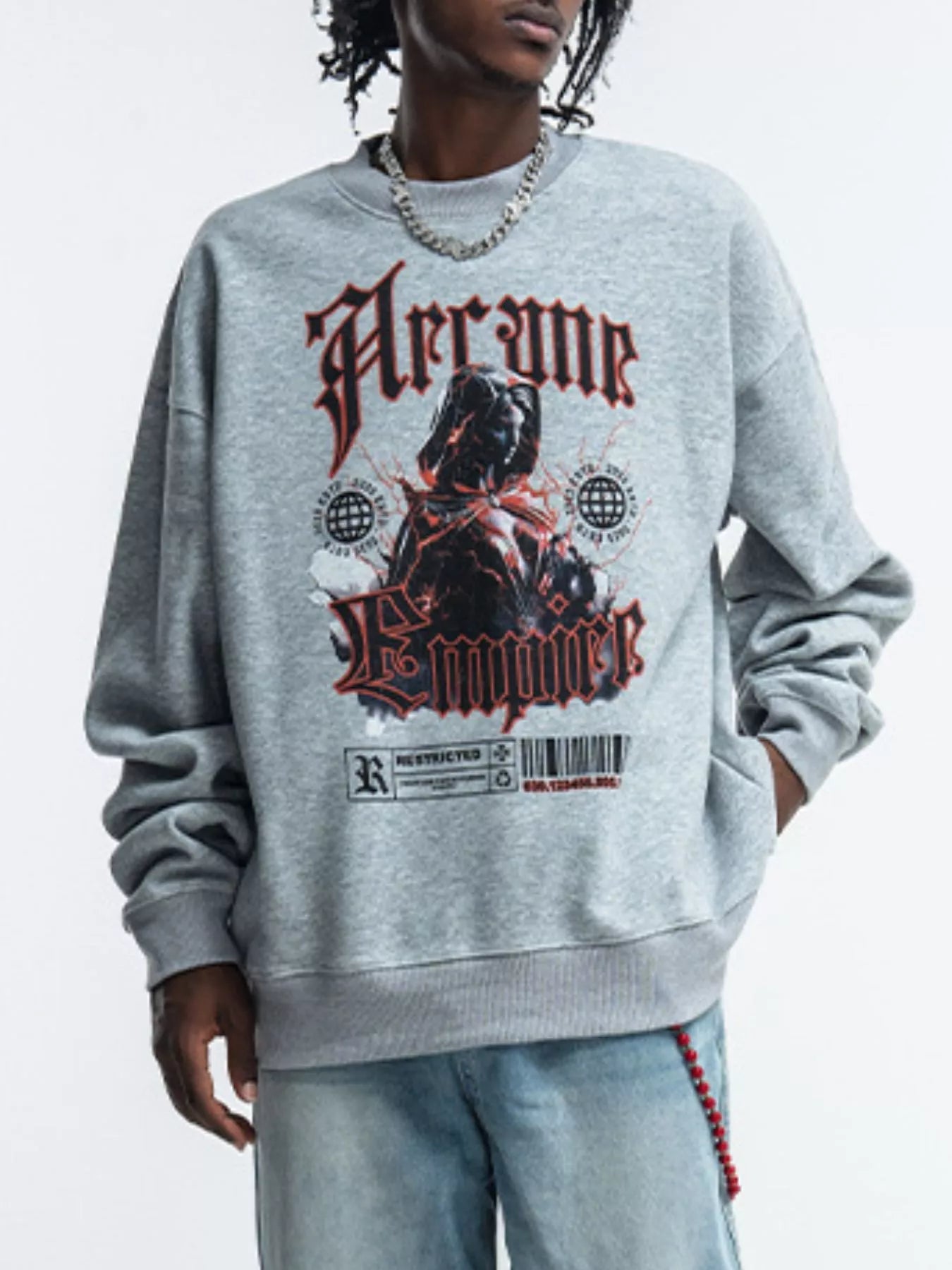 Men's oversized crewneck sweatshirt with a gothic graphic design.