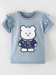 Flat lay front view of light blue children's t-shirt with ruffled sleeves and white bear in floral shirt