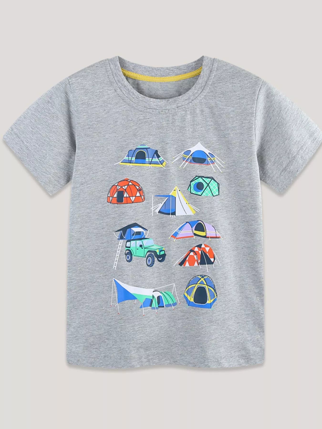 Children's gray tee featuring a Camping Adventure graphic design.