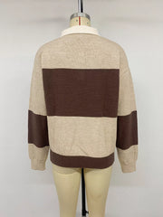 Back view of beige and brown color block polo sweater on a mannequin.