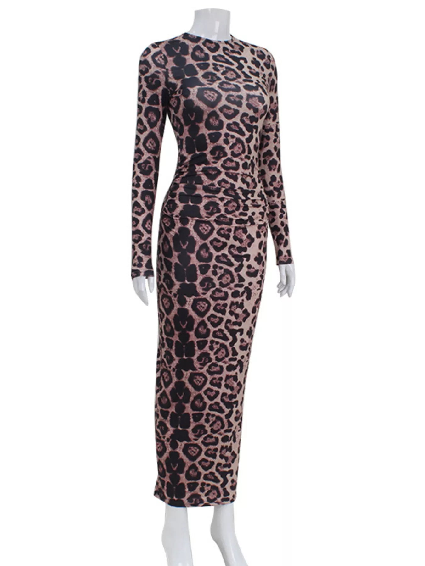 Leopard print long sleeve bodycon midi dress shown full length from the front on a mannequin