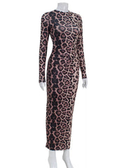 Leopard print long sleeve bodycon midi dress shown full length from the front on a mannequin