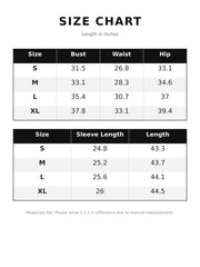 Size chart for the bodycon midi dress showing bust waist hip and length measurements