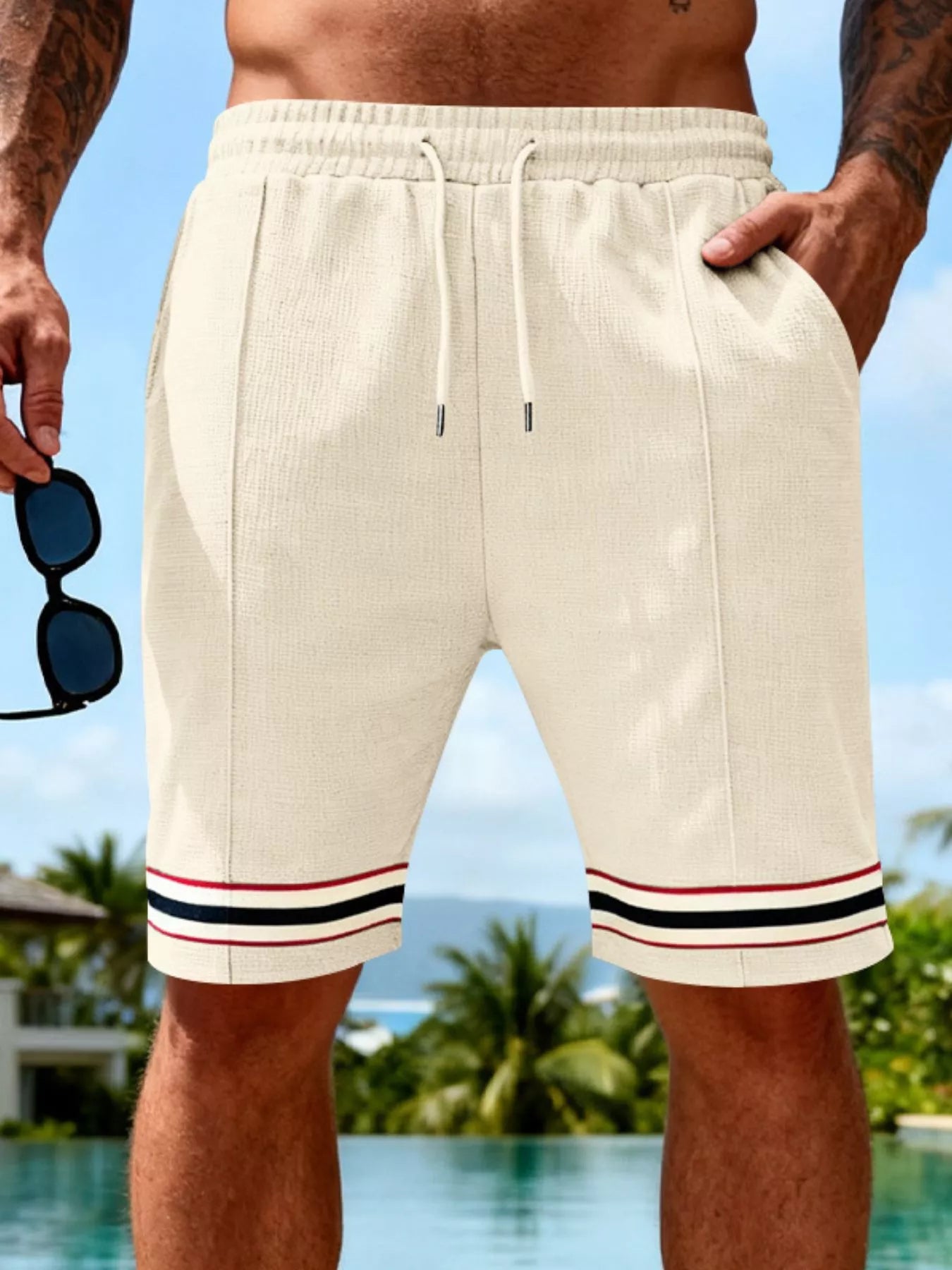 Men's apricot textured knit shorts with a drawstring waist and pockets.