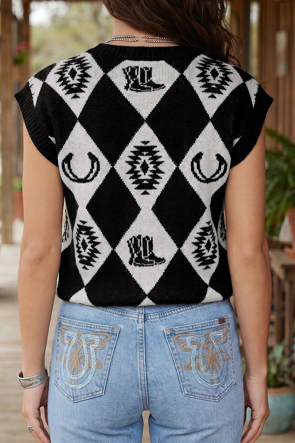 Back view of the black and white diamond western print knit sweater with short sleeves