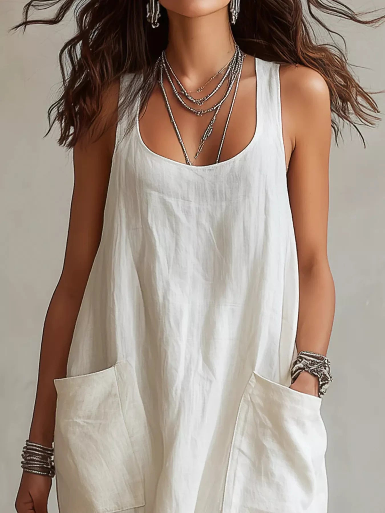 Cropped front view of white sleeveless scoop neck maxi dress, showing neckline and large pockets