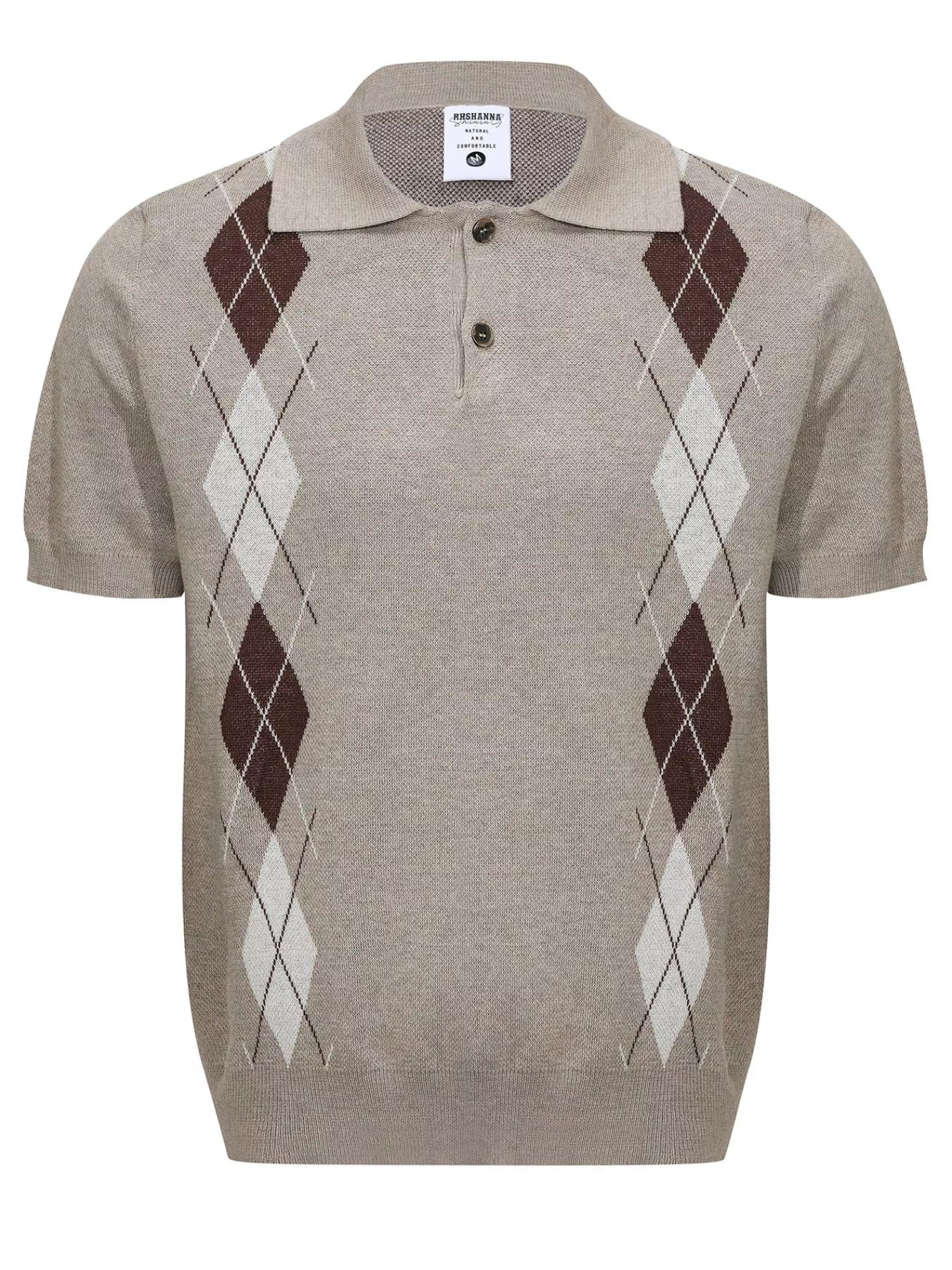 Men's argyle-knit short-sleeve polo made from a slightly stretchy cotton-spandex blend.
