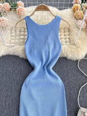 Close front view of light blue ribbed knit bodice with scoop neckline on hanger