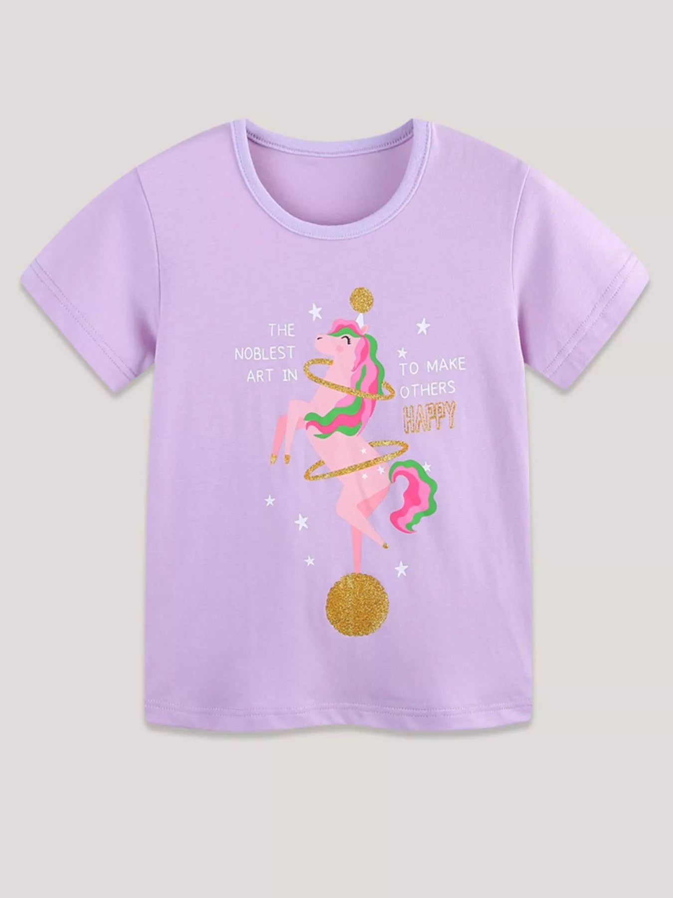 Children's pink-purple short-sleeve T-shirt featuring a unicorn graphic.
