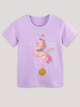 Children's pink-purple short-sleeve T-shirt featuring a unicorn graphic.