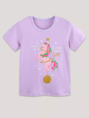 Children's pink-purple short-sleeve T-shirt featuring a unicorn graphic.