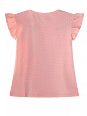 Back view of a pale pink children's ruffle sleeve tee with small white polka dots