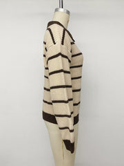 Side view on a mannequin of a cream and brown striped knit polo sweater.