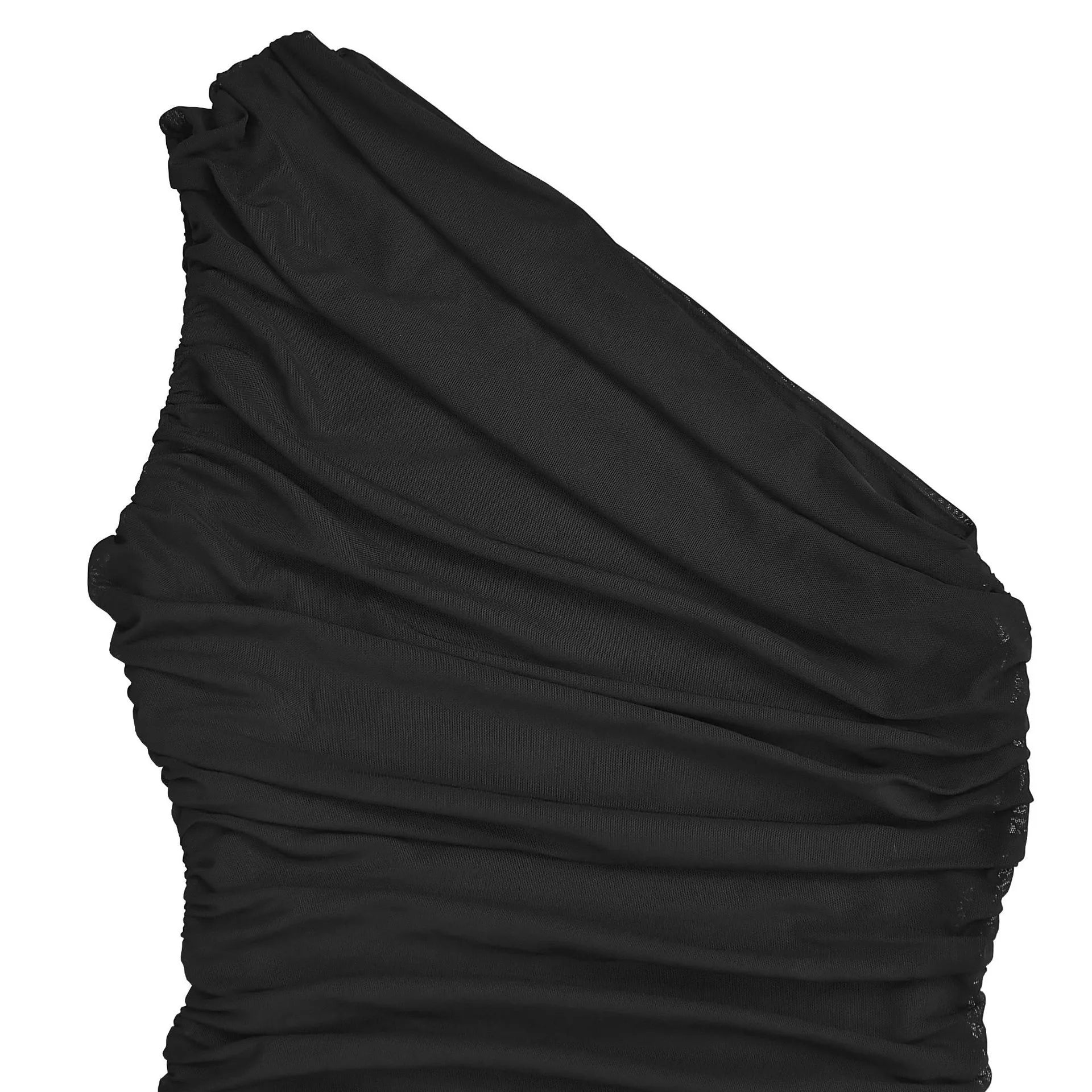 Close up of black one shoulder ruched bodice with draped neckline detail