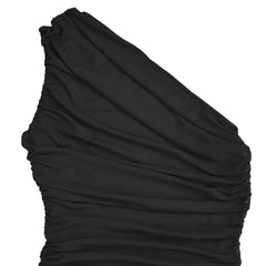 Close up of black one shoulder ruched bodice with draped neckline detail