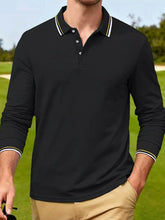Men's long-sleeve polo with a striped collar and slightly stretchy cotton-blend fabric.