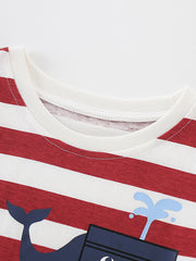 Close-up of the white crew neckline and stitching on the red striped children's t-shirt