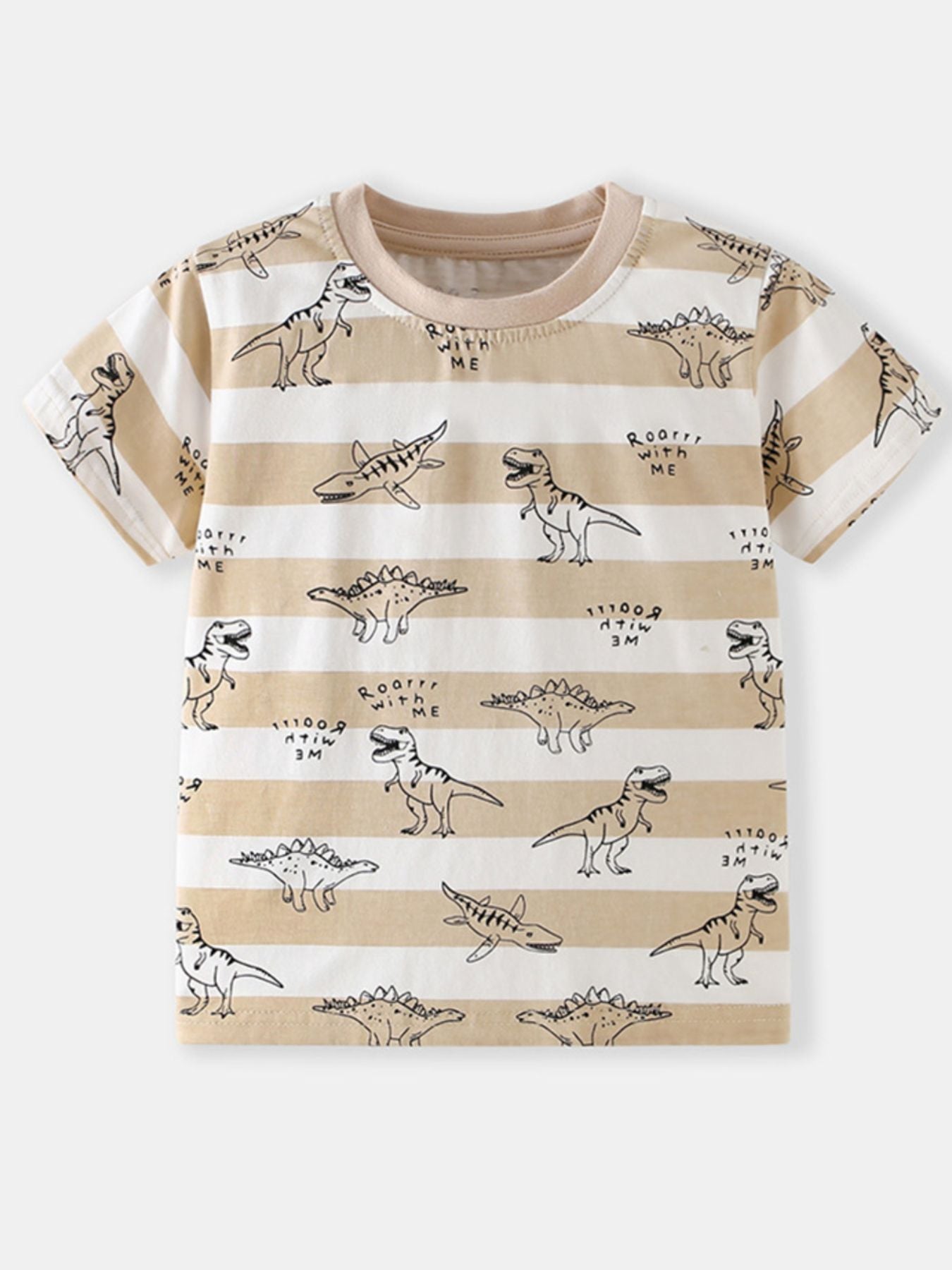 Tan and white striped children's crew neck T-shirt with dinosaur sketches, laid flat in front view
