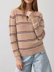 Front view of an apricot striped ribbed knit top with a keyhole neckline