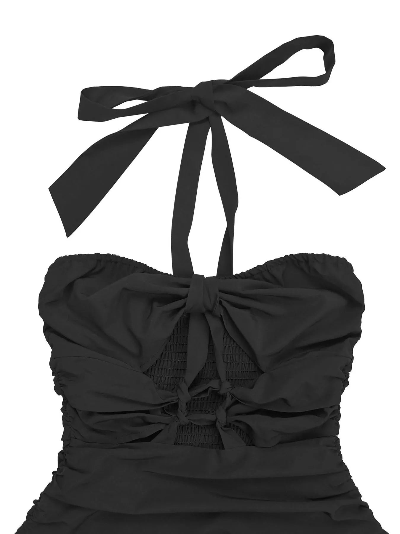 Close up of black halter maxi dress bodice showing knotted ties and smocked back panel