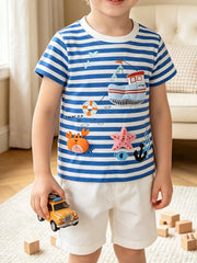 Front view of a children's blue and white striped short sleeve tee with nautical appliques