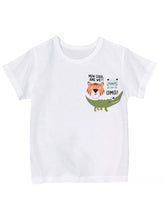 Flat lay front view of a children's white short sleeve tee with tiger frog and crocodile graphics