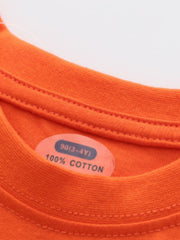 Close view of the round neckline and inner size label on the orange red children's t-shirt