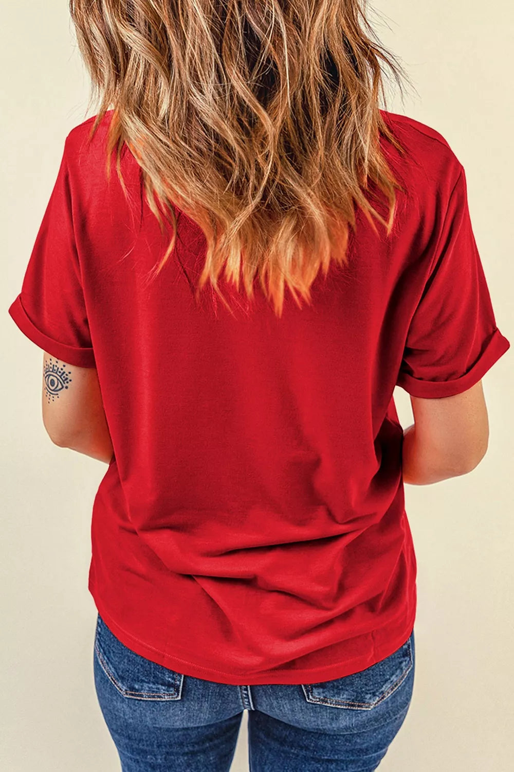 Back view of plain deep red game day t shirt with short sleeves