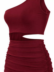 Close detail view of burgundy one shoulder cutout ruched bodycon mini dress bodice and waist cutout