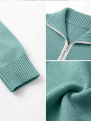Detail collage of teal quarter zip sweater showing cuff zip collar and knit