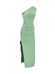 Green one shoulder ruched bodycon slit dress shown flat, side view on white background