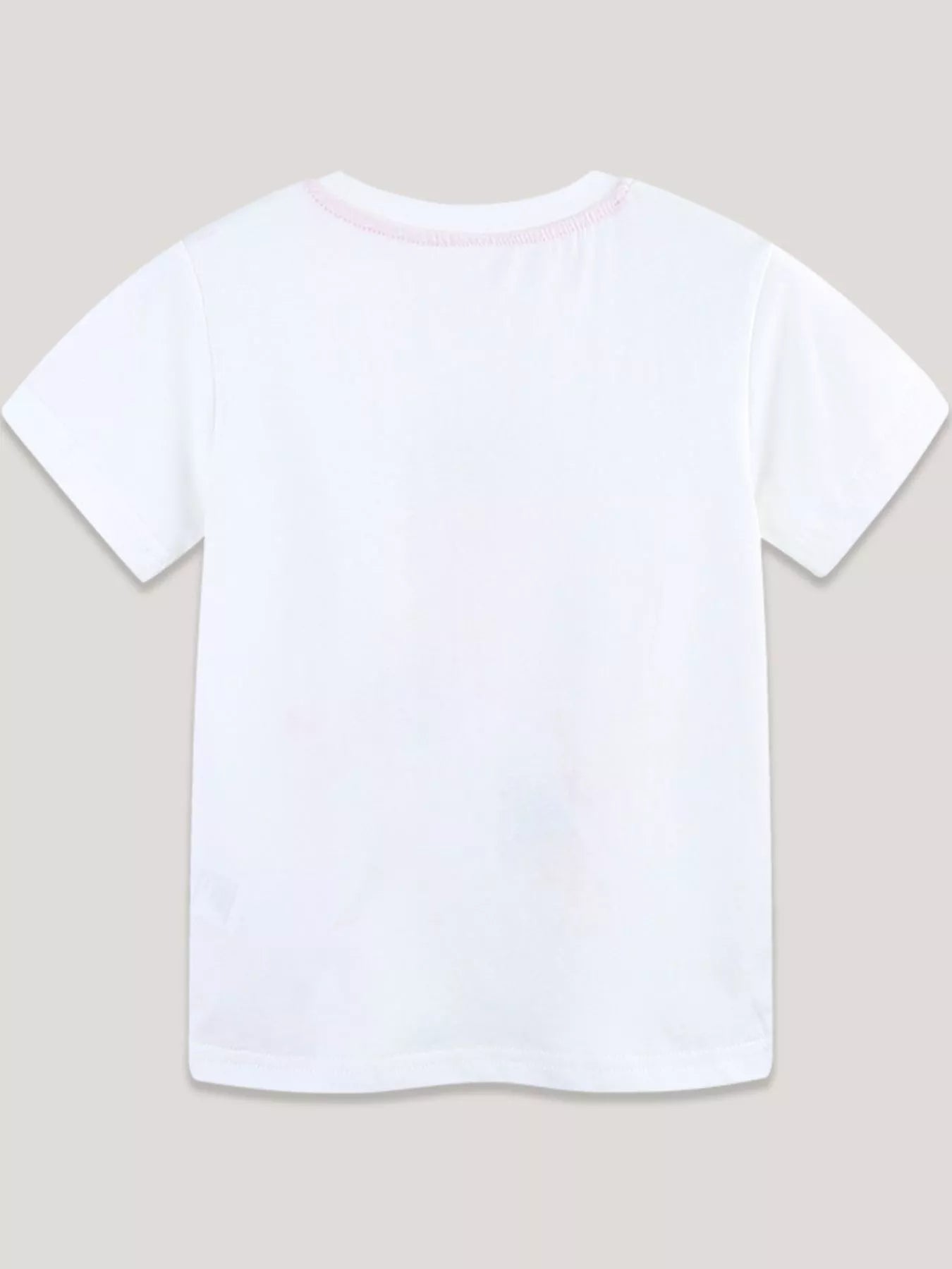 Flat back view of a plain white children's short sleeve tee with pink neckline stitching