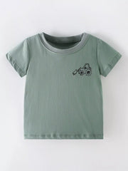 Front view of a sage children's short sleeve shirt with a small black cartoon excavator on the chest