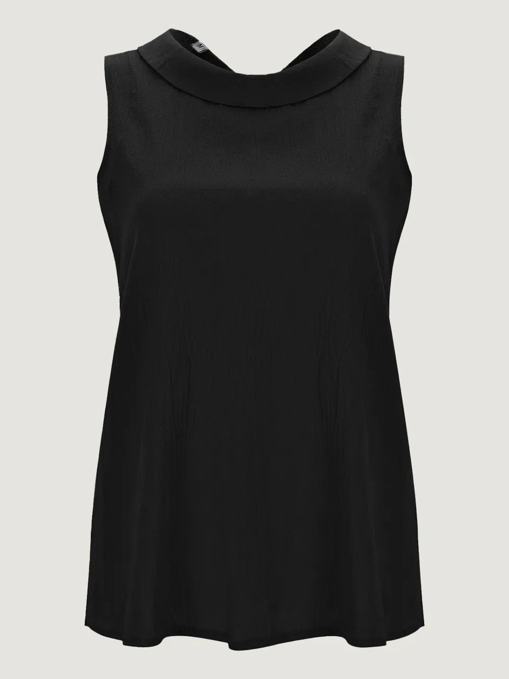 Black sleeveless top with a round neckline and gently flared hem, shown from the front.