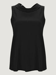 Black sleeveless top with a round neckline and gently flared hem, shown from the front.