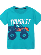 Flat lay front view of a children's teal short sleeve tee with a navy monster truck graphic