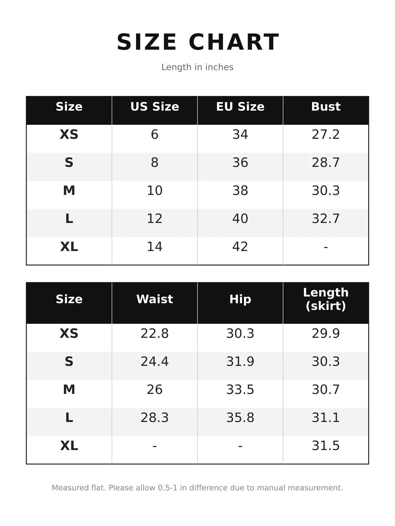 Size chart for the layered ruffle long sleeve mini dress showing bust waist hip and skirt length measurements