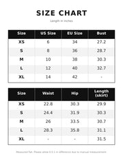 Size chart for the layered ruffle long sleeve mini dress showing bust waist hip and skirt length measurements