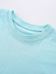Close-up of the ribbed round neckline and stitching on a mint blue children's T-shirt