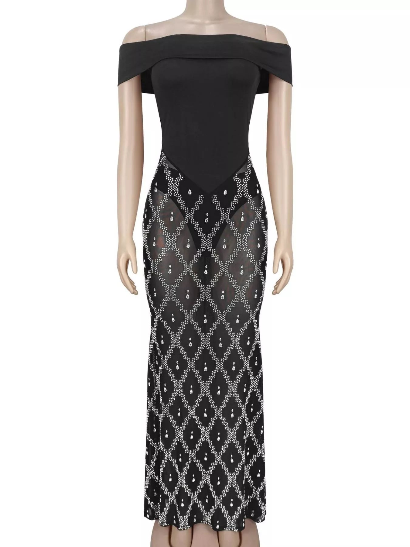Front view of black off shoulder maxi dress with sheer rhinestone skirt on a mannequin