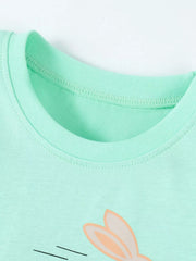 Close up of the green round neckline with the top of the bunny ears visible below