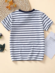 Plain back view of a white and navy striped children's crew neck T-shirt with no graphic