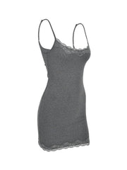 Grey lace trim bodycon mini dress shown flat, angled back view unworn