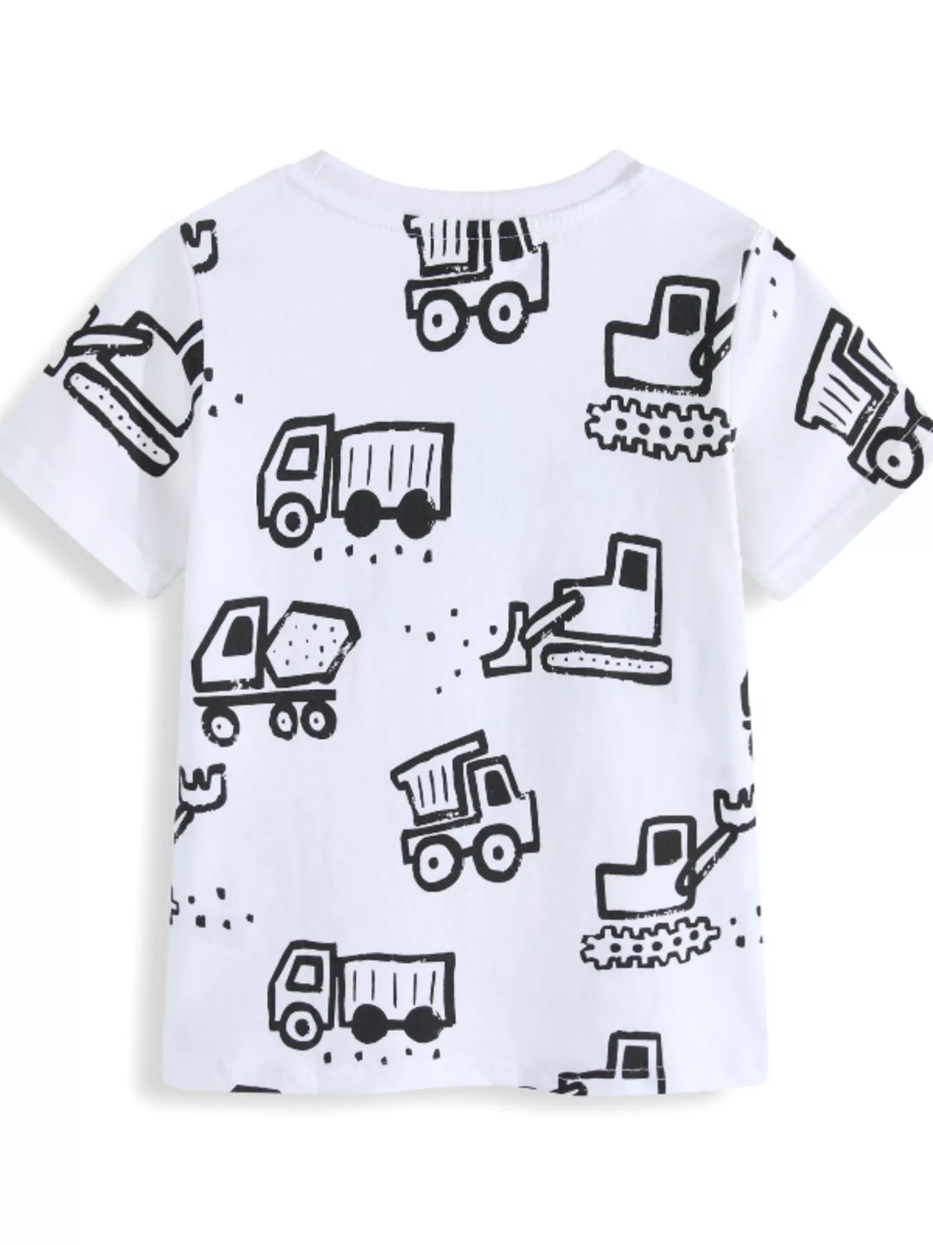 Back view of a white children's t-shirt with black outline construction trucks and excavators